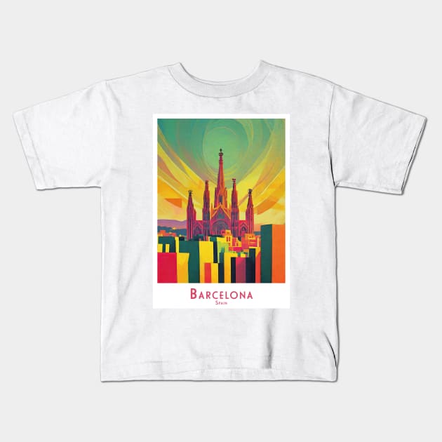 Colorful minimalistic Barcelona Vibrant Skyline in Spain Kids T-Shirt by POD24